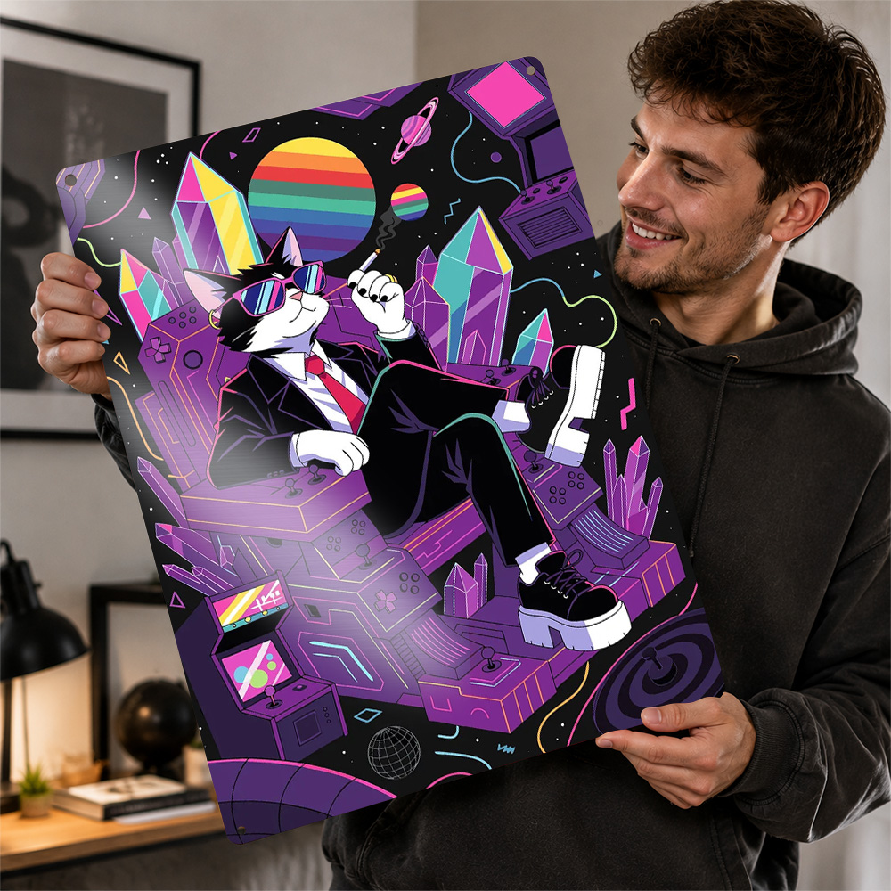 Gaming Accessories Europe - Coole Katzen-Gaming-Thron-Illustration Personalisiertes 3D-Strukturiertes Metallposter Wandkunst
